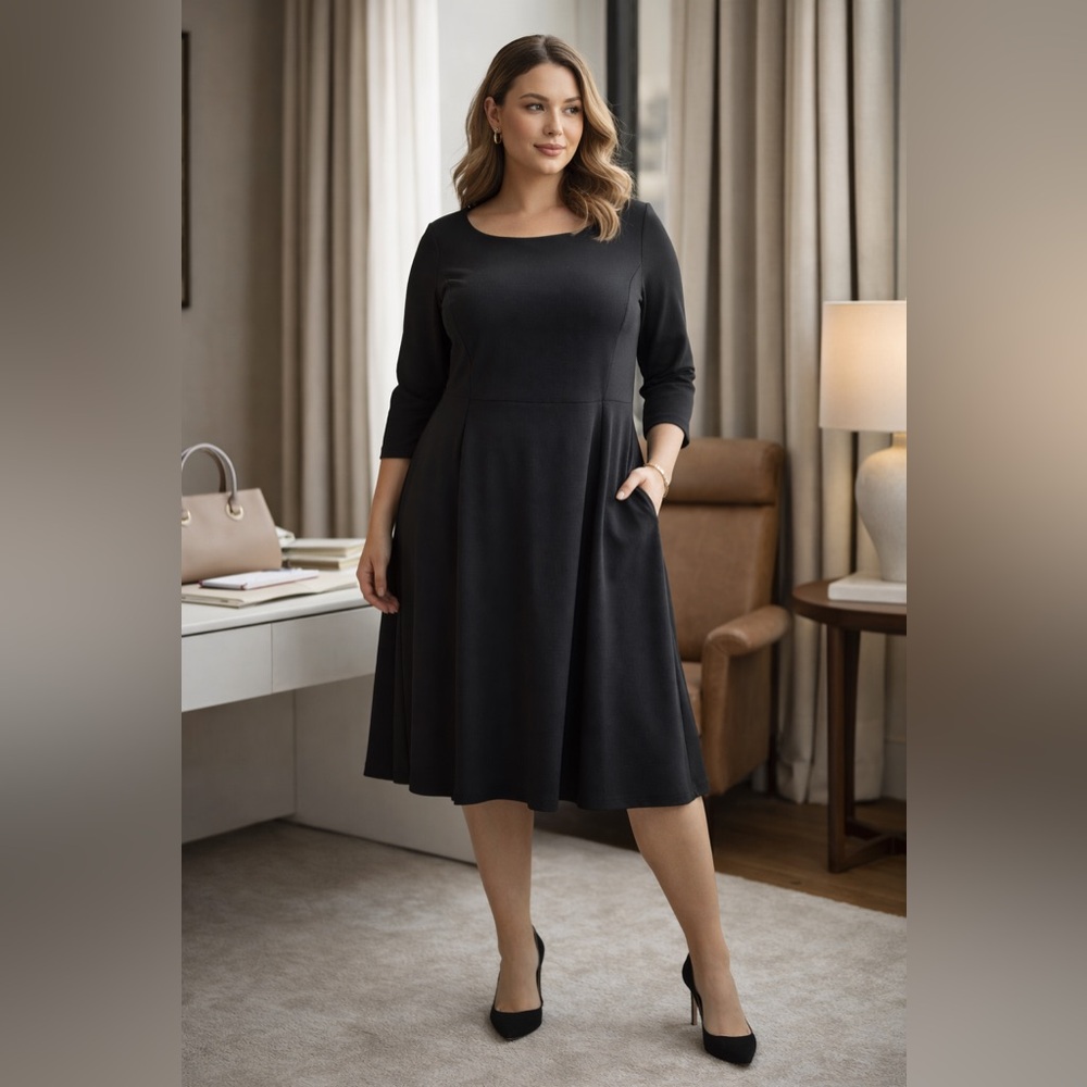 NWT Lane Bryant Black Fit & Flare Midi Dress 3/4 Sleeve Stretch Size 14/16 XL
